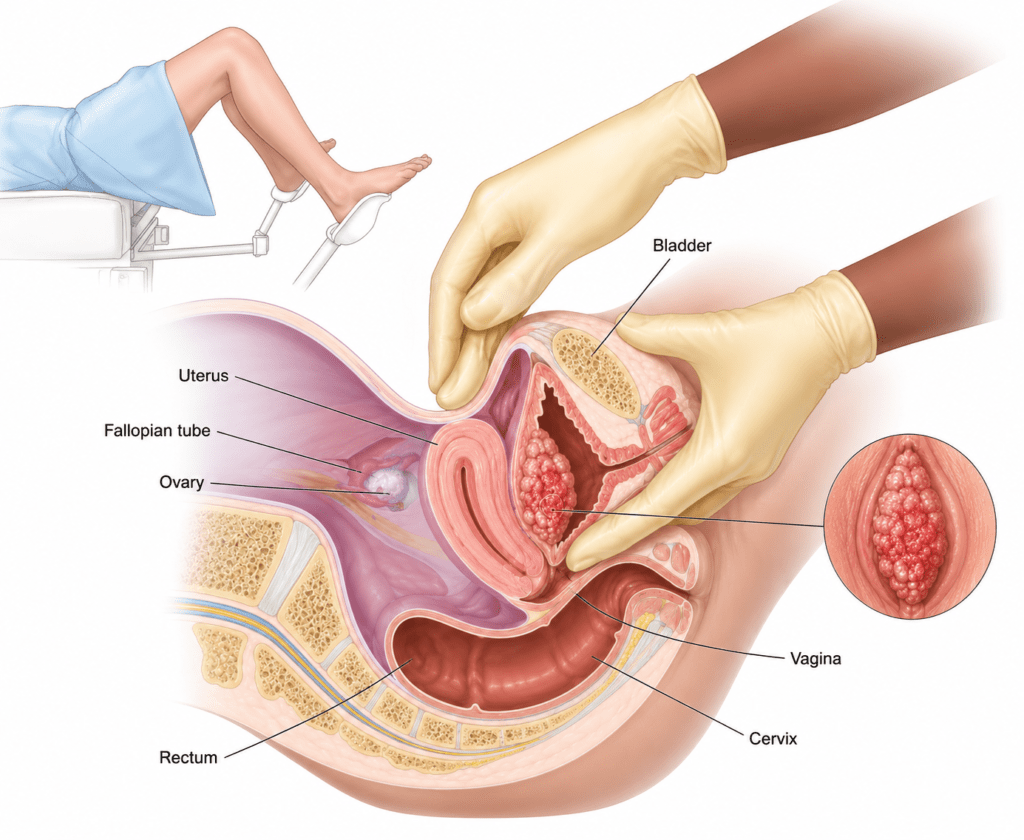 Pelvic exam diagram showing a vulvar lesion and reproductive anatomy for vulvar cancer treatment in Pune